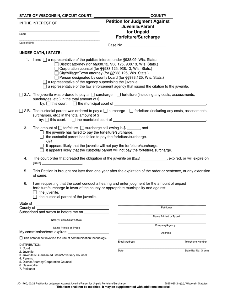 Form JD-1760 Petition for Judgment Against Juvenile / Parent for Unpaid Forfeiture / Surcharge - Wisconsin, Page 1