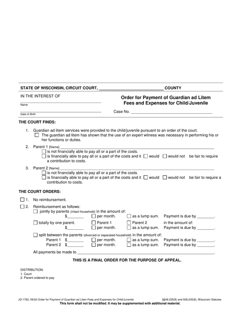 Form JD-1782 Order for Payment of Guardian Ad Litem Fees and Expenses for Child/Juvenile - Wisconsin