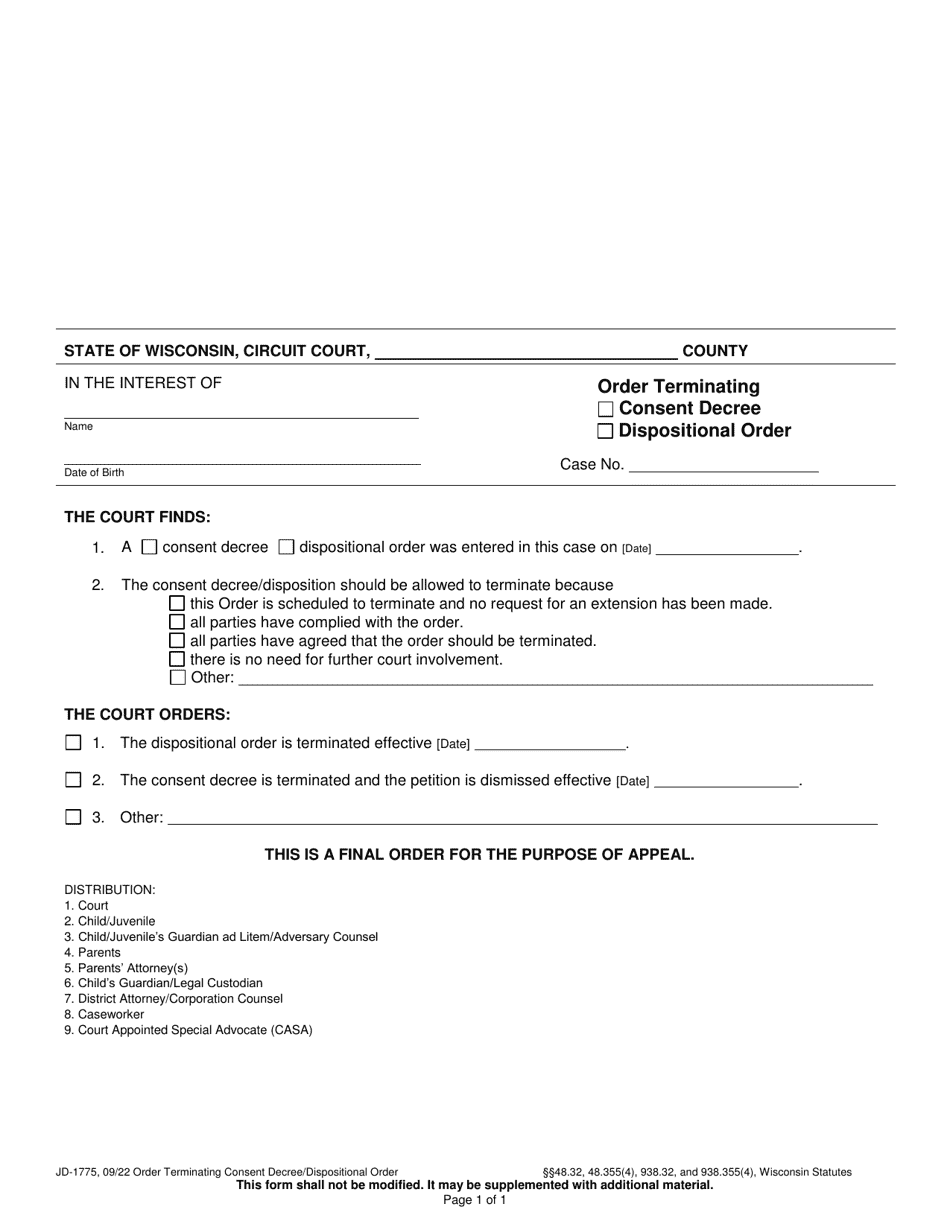 Form JD-1775 Order Terminating Consent Decree / Dispositional Order - Wisconsin, Page 1