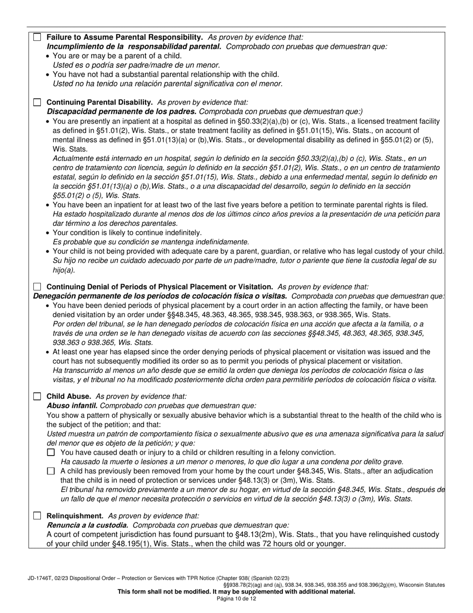 Form JD-1746T Dispositional Order - Protection or Services With Termination of Parental Rights Notice (Chapter 938) - Wisconsin (English / Spanish), Page 10