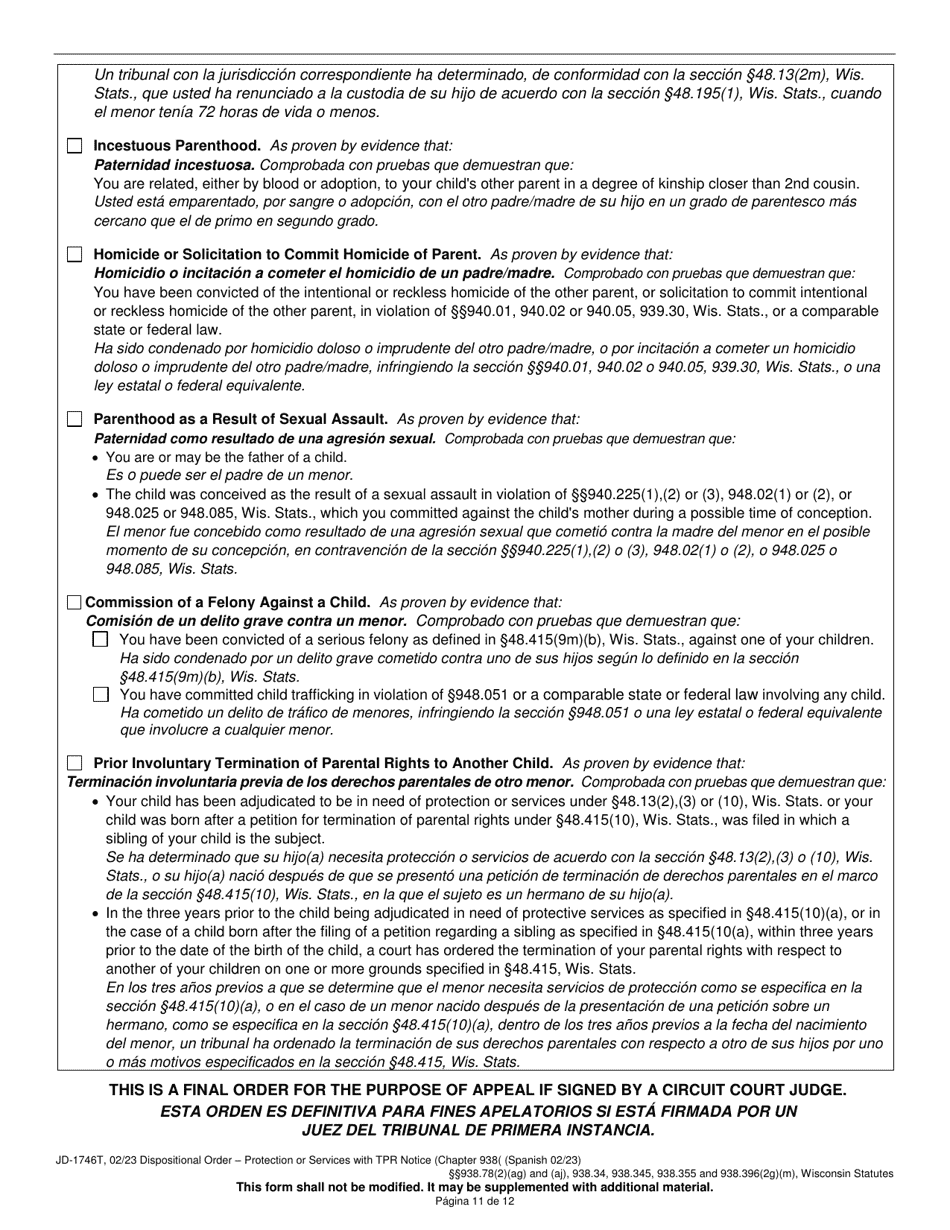 Form JD-1746T Dispositional Order - Protection or Services With Termination of Parental Rights Notice (Chapter 938) - Wisconsin (English / Spanish), Page 11