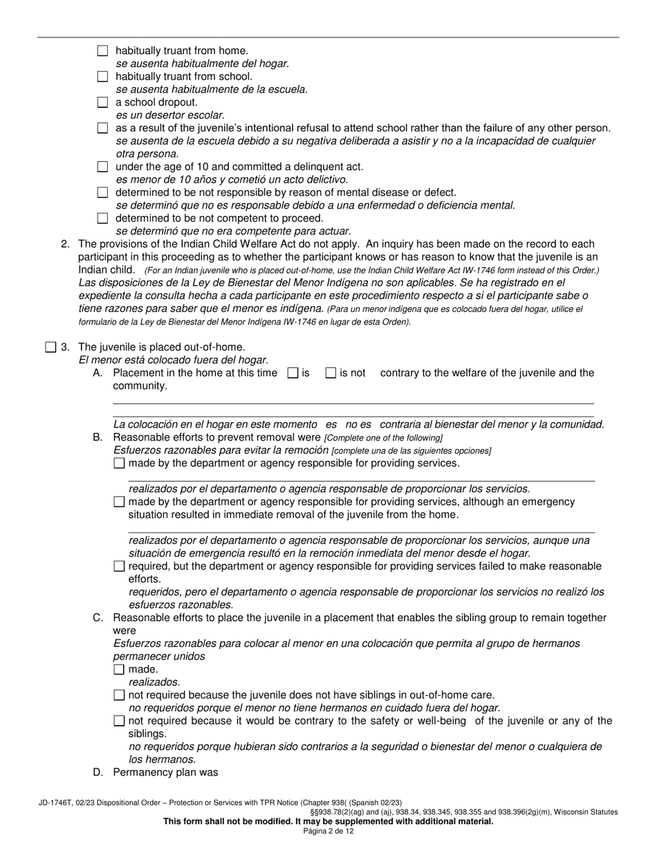 Form JD-1746T Dispositional Order - Protection or Services With Termination of Parental Rights Notice (Chapter 938) - Wisconsin (English / Spanish), Page 2
