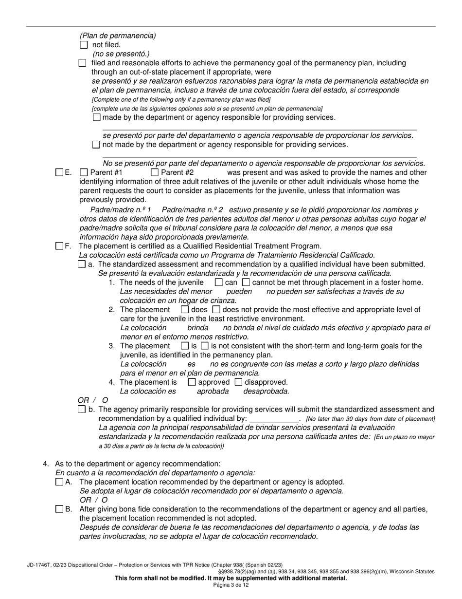 Form JD-1746T Dispositional Order - Protection or Services With Termination of Parental Rights Notice (Chapter 938) - Wisconsin (English / Spanish), Page 3