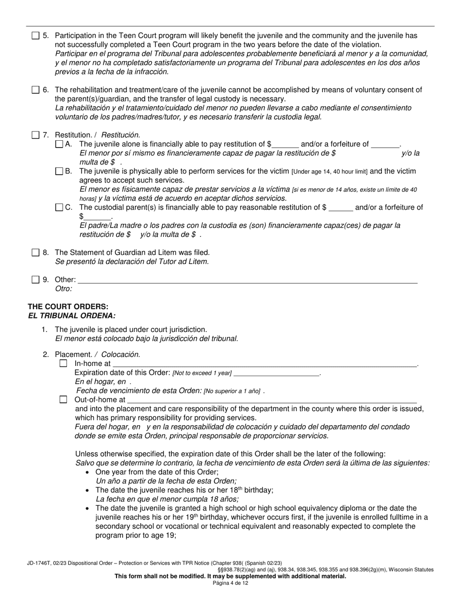 Form JD-1746T Dispositional Order - Protection or Services With Termination of Parental Rights Notice (Chapter 938) - Wisconsin (English / Spanish), Page 4