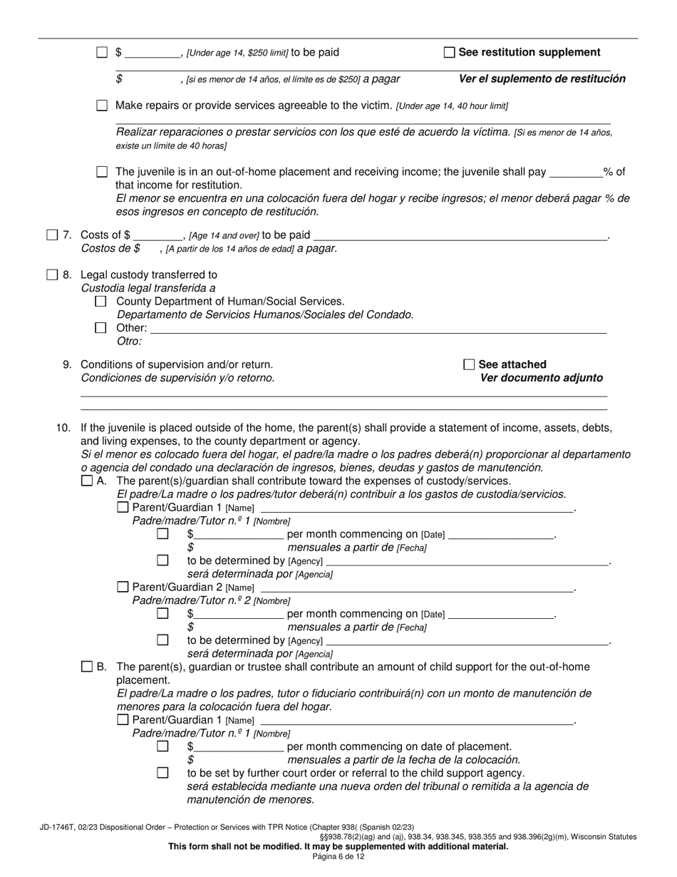 Form JD-1746T Dispositional Order - Protection or Services With Termination of Parental Rights Notice (Chapter 938) - Wisconsin (English / Spanish), Page 6