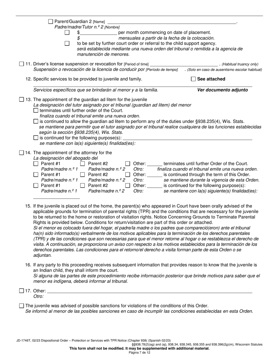 Form JD-1746T Dispositional Order - Protection or Services With Termination of Parental Rights Notice (Chapter 938) - Wisconsin (English / Spanish), Page 7