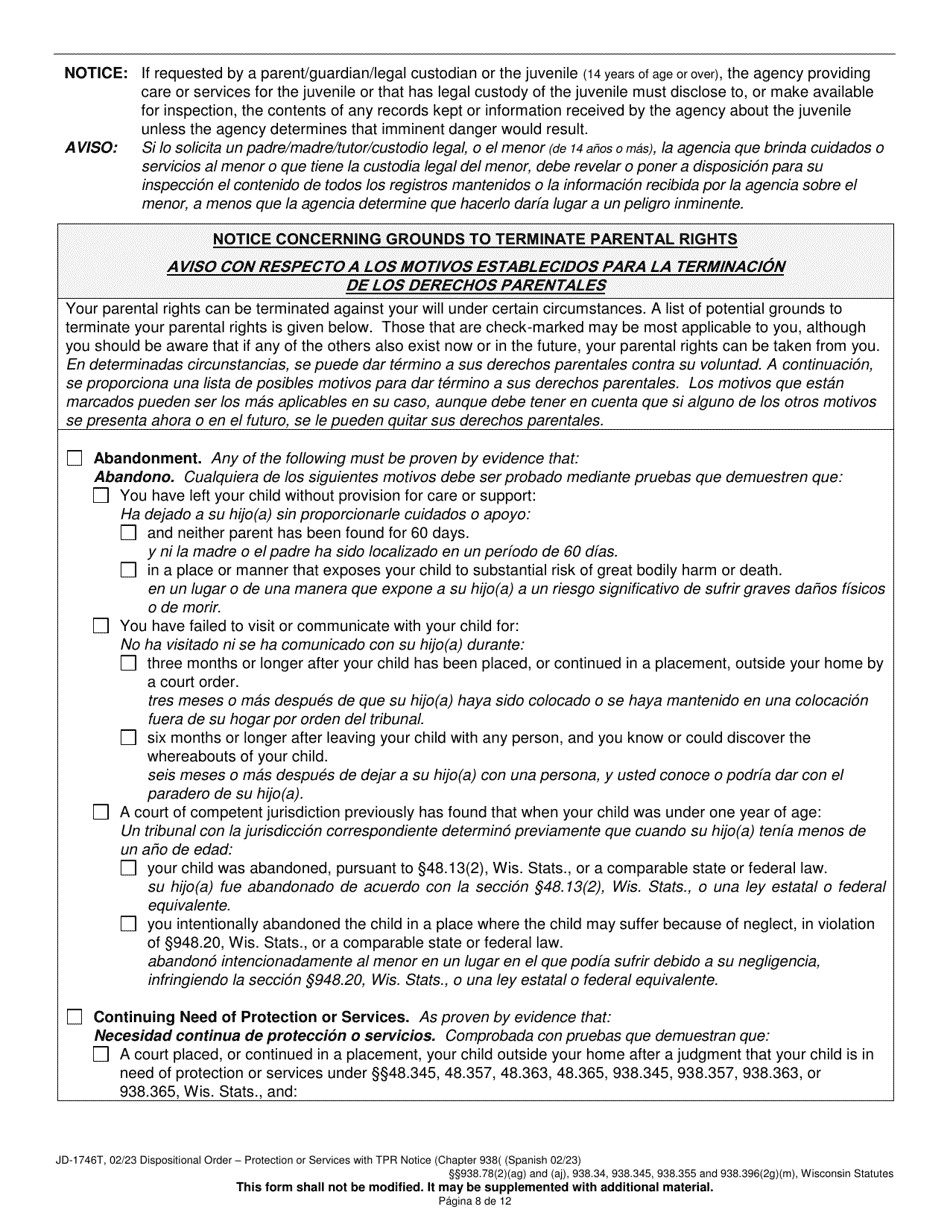 Form JD-1746T Dispositional Order - Protection or Services With Termination of Parental Rights Notice (Chapter 938) - Wisconsin (English / Spanish), Page 8