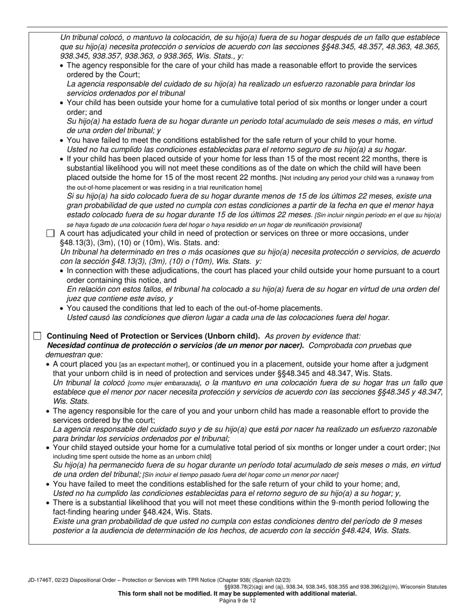 Form JD-1746T Dispositional Order - Protection or Services With Termination of Parental Rights Notice (Chapter 938) - Wisconsin (English / Spanish), Page 9