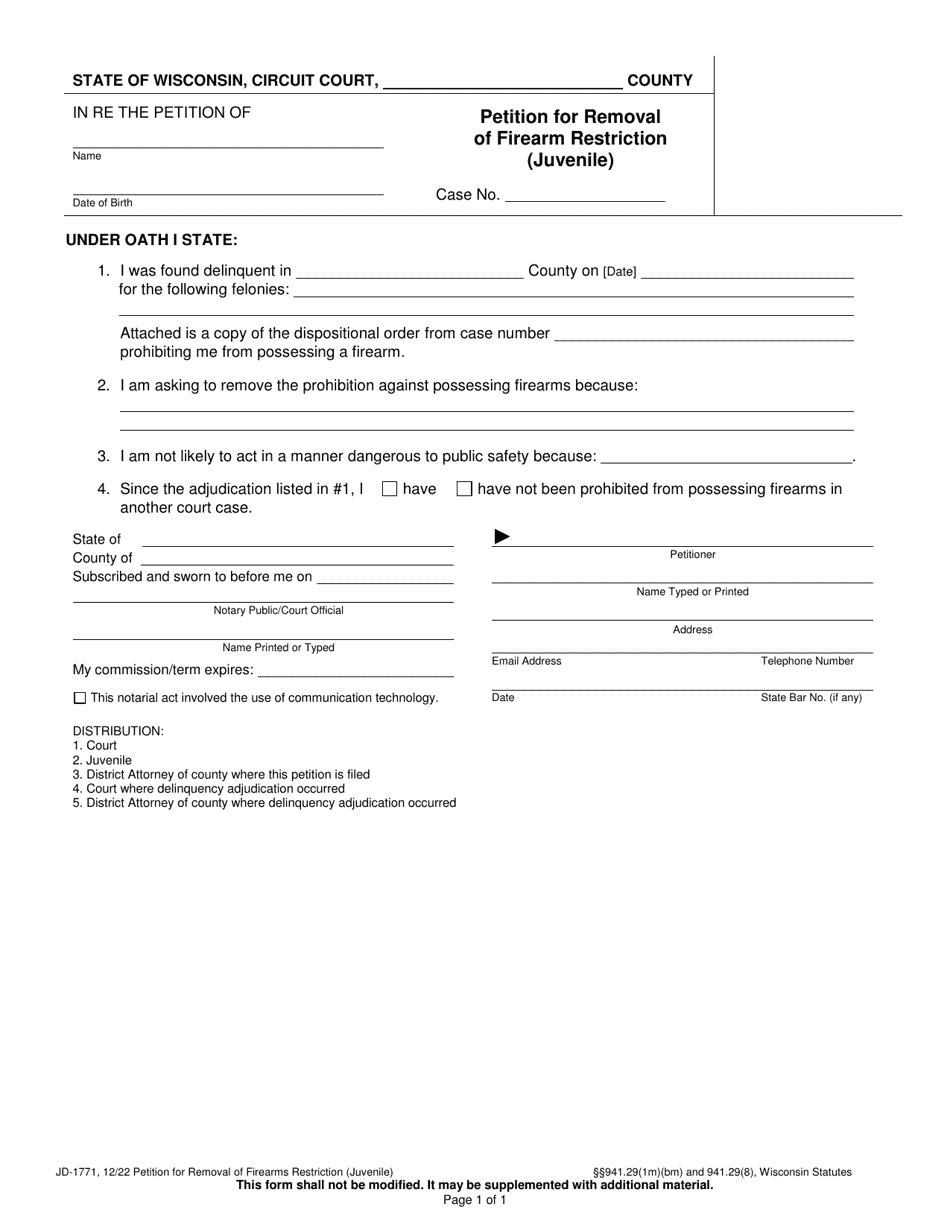 Form JD-1771 Petition for Removal of Firearm Restriction (Juvenile) - Wisconsin, Page 1