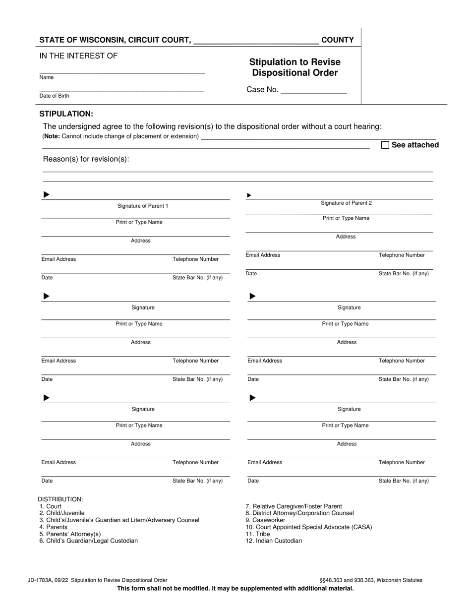 Form JD-1783A Stipulation to Revise Dispositional Order - Wisconsin, Page 1