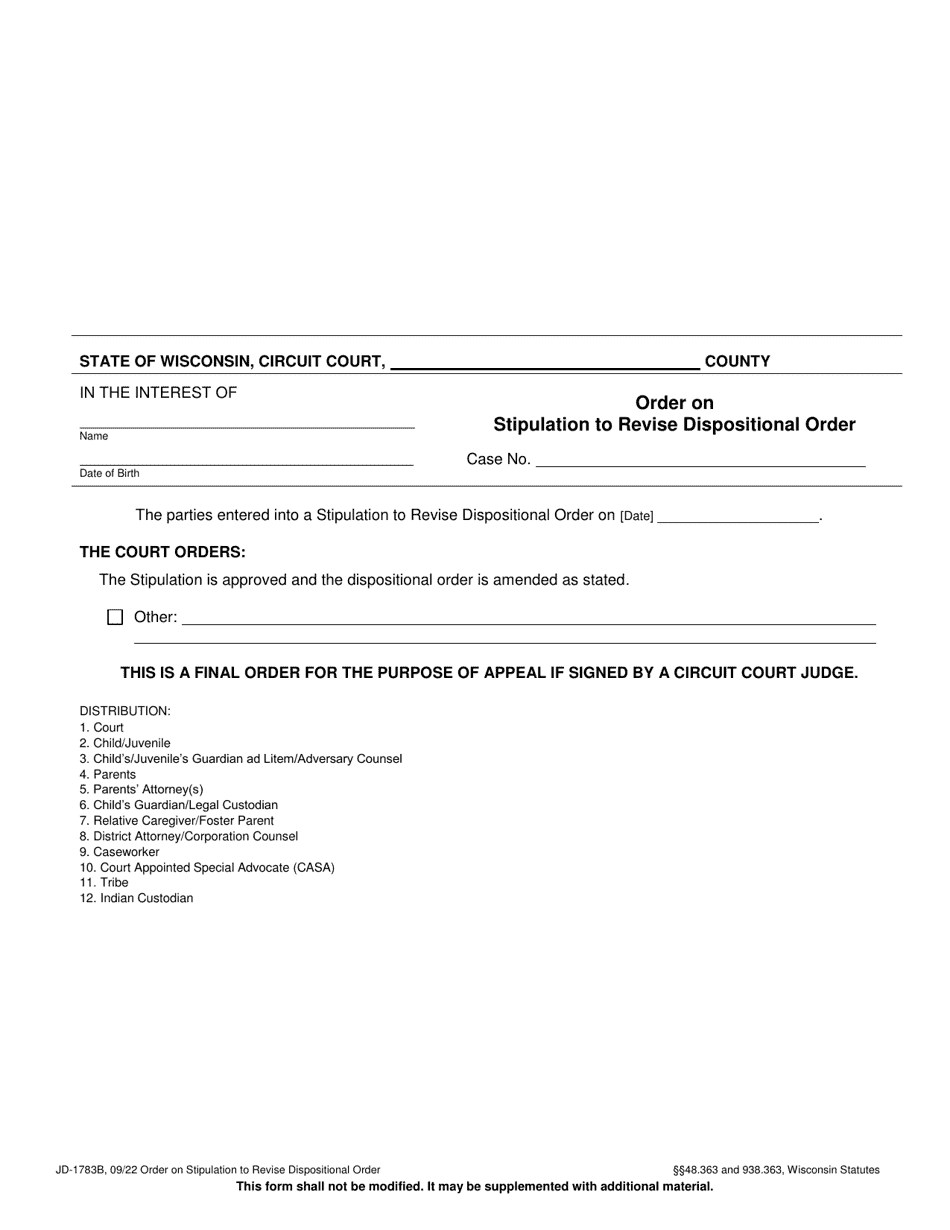 Form JD-1783B Order on Stipulation to Revise Dispositional Order - Wisconsin, Page 1