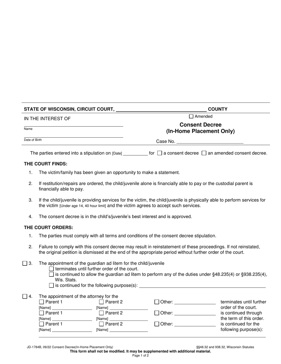Form JD-1784B Consent Decree (In-home Placement Only) - Wisconsin, Page 1