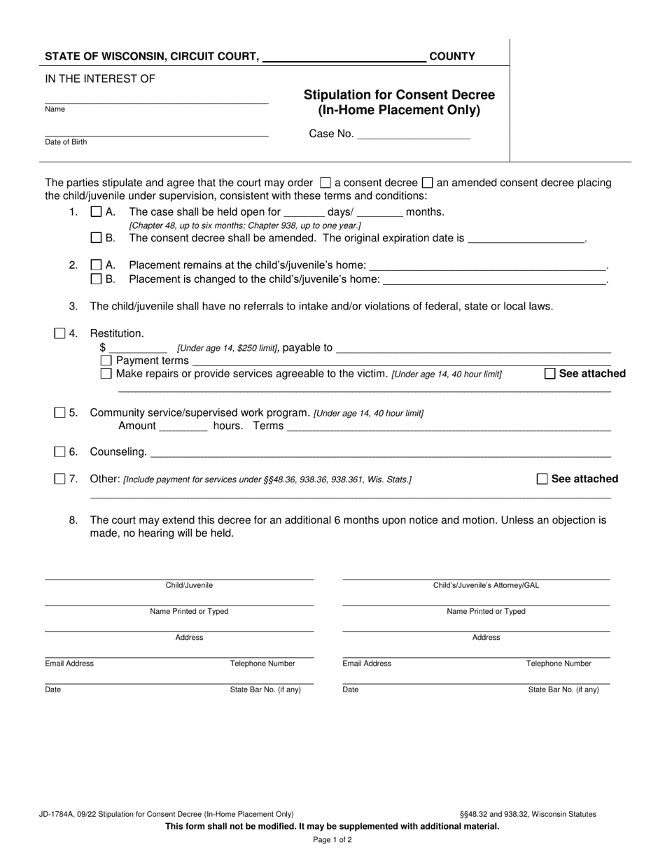 Form JD-1784A Stipulation for Consent Decree (In-home Placement Only) - Wisconsin, Page 1