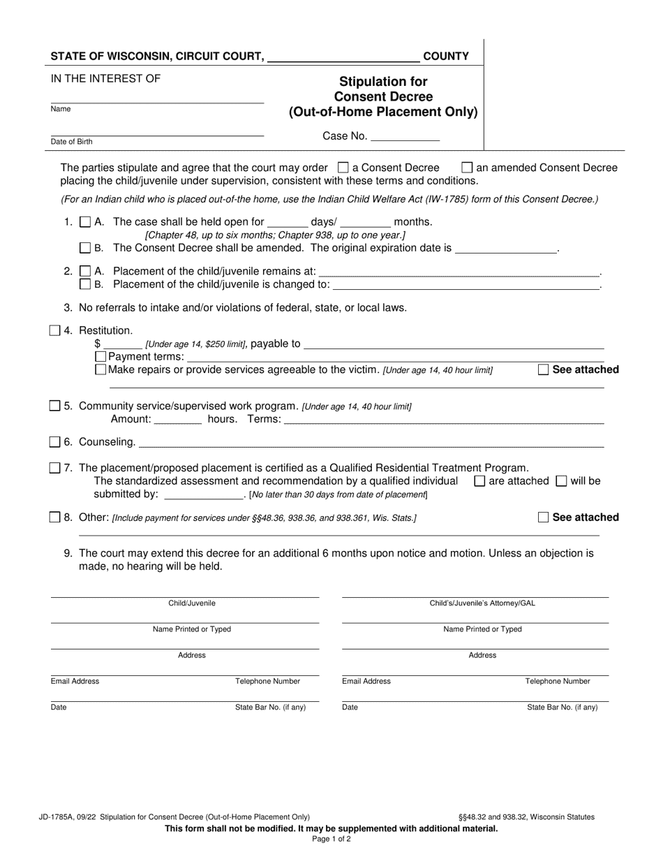 Form JD-1785A Stipulation for Consent Decree (Out-Of-Home Placement Only) - Wisconsin, Page 1