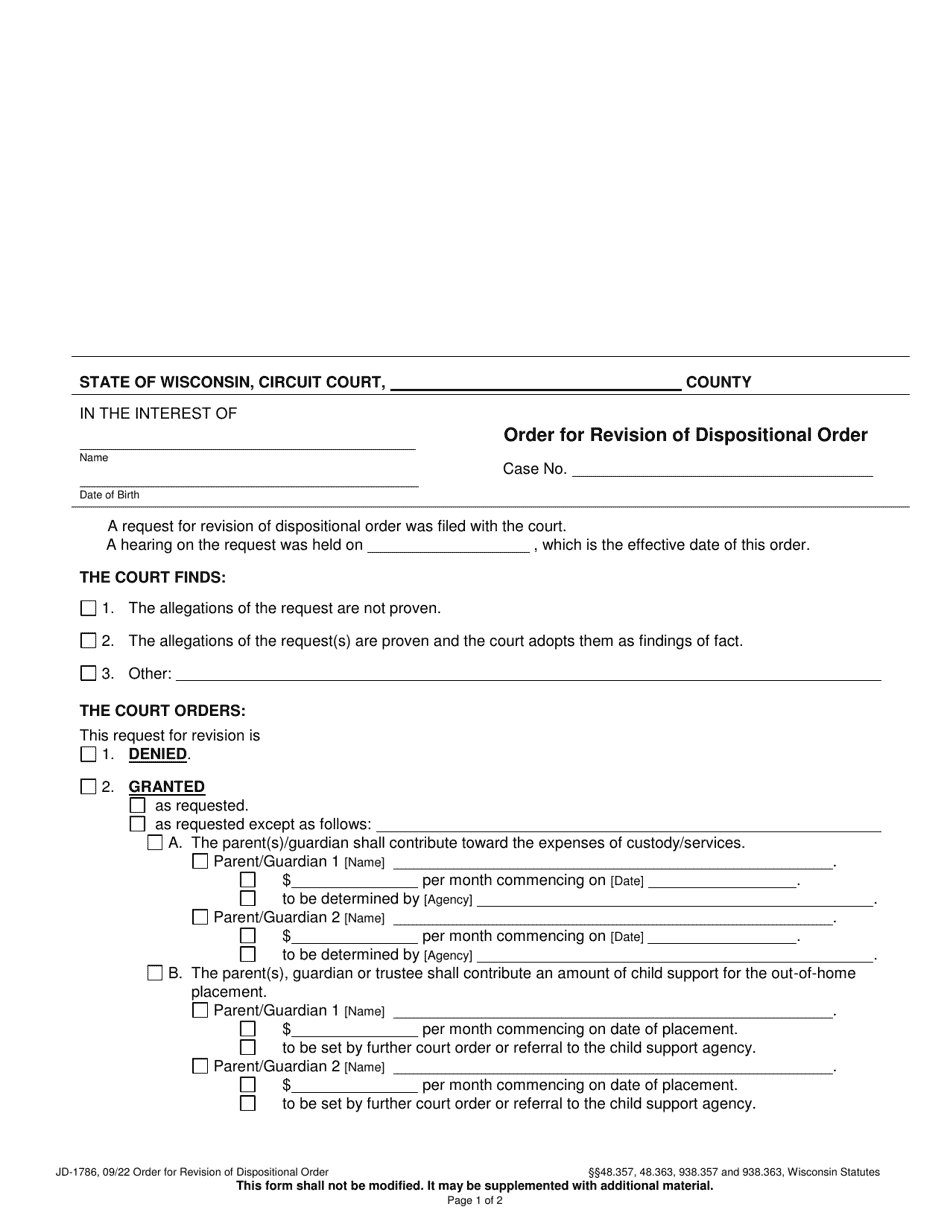 Form JD-1786 Order for Revision of Dispositional Order - Wisconsin, Page 1