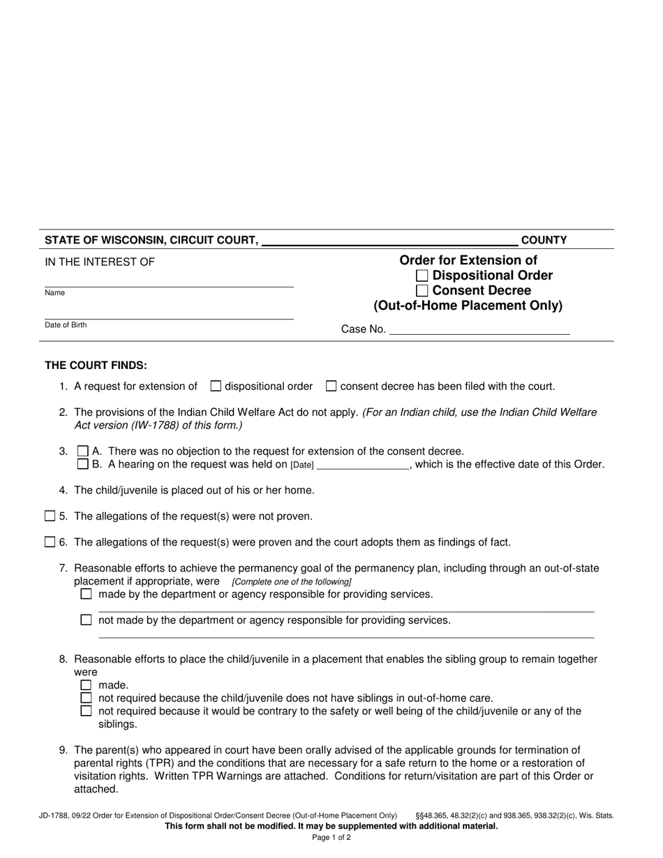 Form JD-1788 Order for Extension of Dispositional Order or Consent Decree (Out-Of-Home Placement Only) - Wisconsin, Page 1