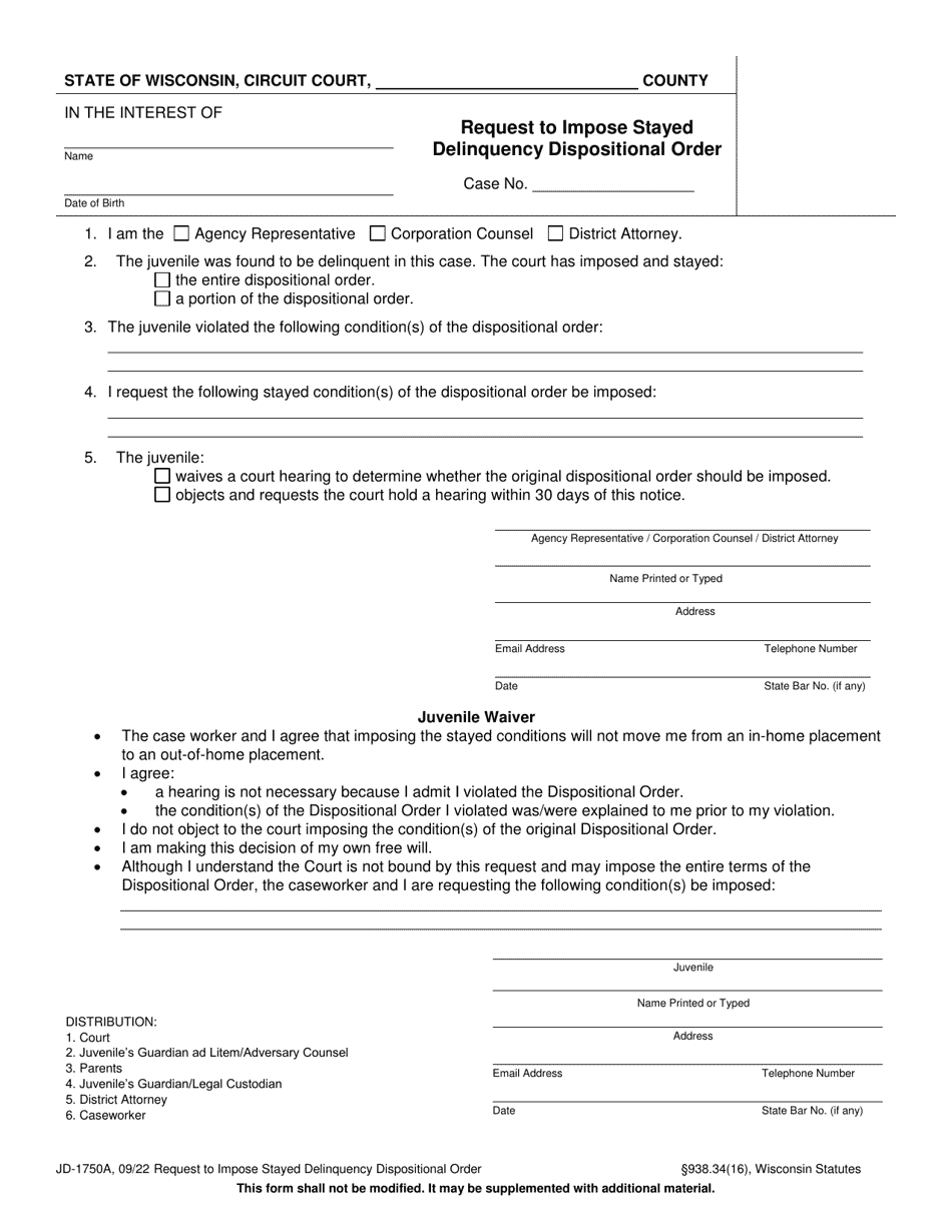 Form JD-1750A Request to Impose Stayed Delinquency Dispositional Order - Wisconsin, Page 1