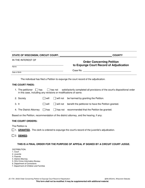 Form JD-1781 Order Concerning Petition to Expunge Court Record of Adjudication - Wisconsin