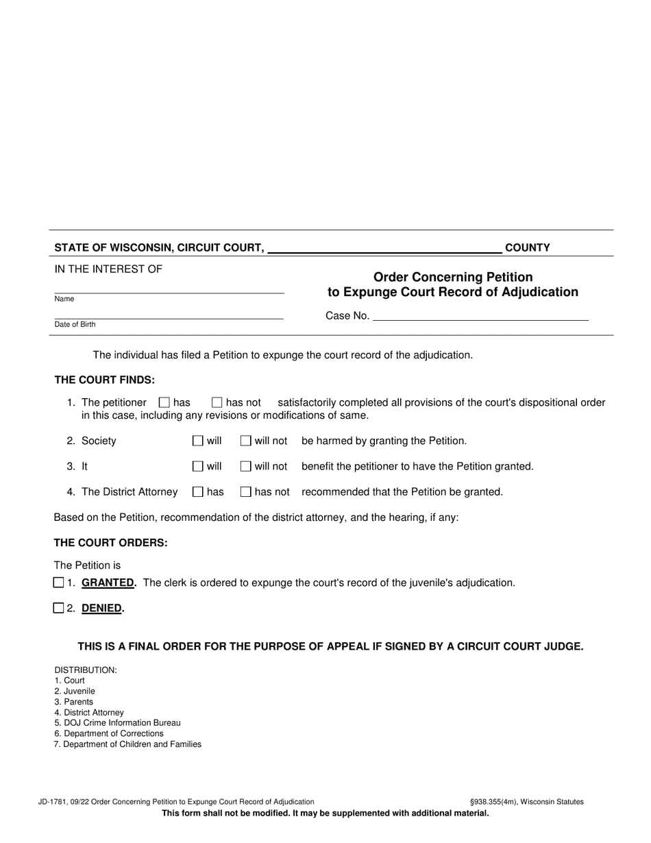 Form JD-1781 Order Concerning Petition to Expunge Court Record of Adjudication - Wisconsin, Page 1