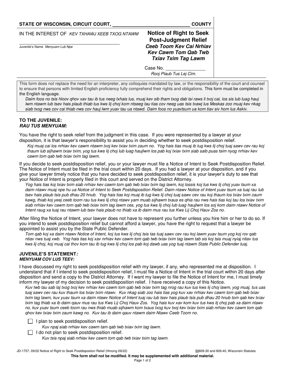 Form JD-1757 Notice of Right to Seek Post-judgment Relief - Wisconsin (English / Hmong), Page 1
