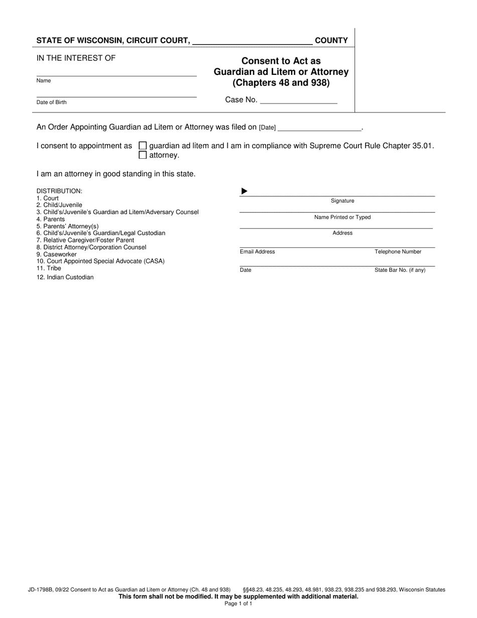 Form JD-1798B Consent to Act as Guardian Ad Litem or Attorney (Ch. 48 and 938) - Wisconsin, Page 1