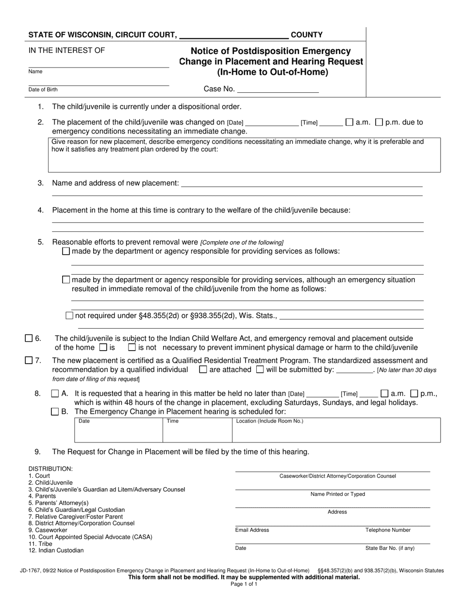 Form JD-1767 Notice of Postdisposition Emergency Change in Placement and Hearing Request (In-home to out-Of-Home) - Wisconsin, Page 1