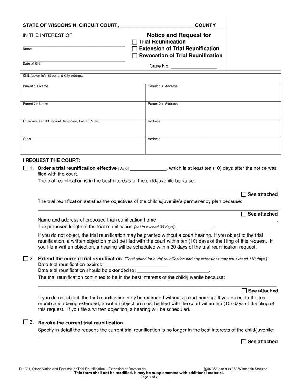 Form JD-1801 Notice and Request for Trial Reunification, Extension of Trial Reunification or Revocation of Trial Reunification - Wisconsin, Page 1