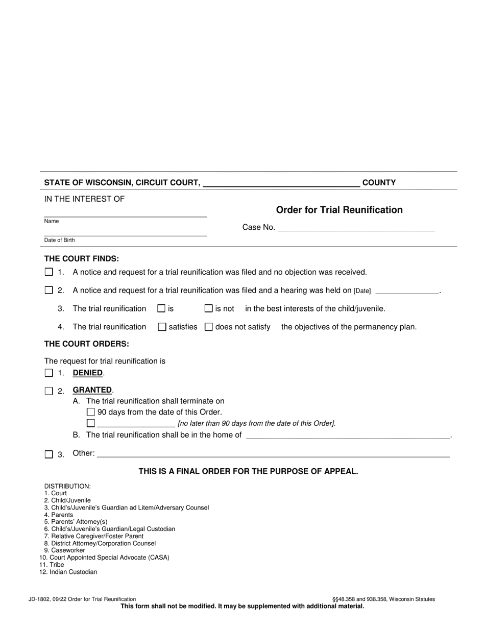 Form JD-1802 Order for Trial Reunification - Wisconsin, Page 1
