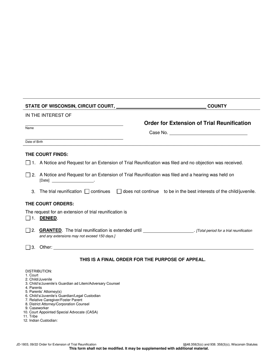 Form JD-1803 Order for Extension of Trial Reunification - Wisconsin, Page 1