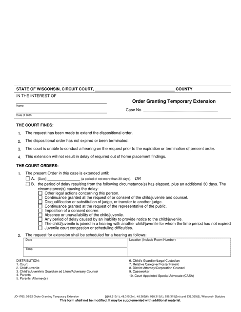 Form JD-1765 Order Granting Temporary Extension - Wisconsin