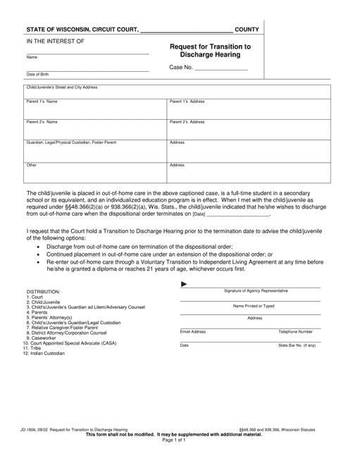 Form JD-1806 Request for Transition to Discharge Hearing - Wisconsin
