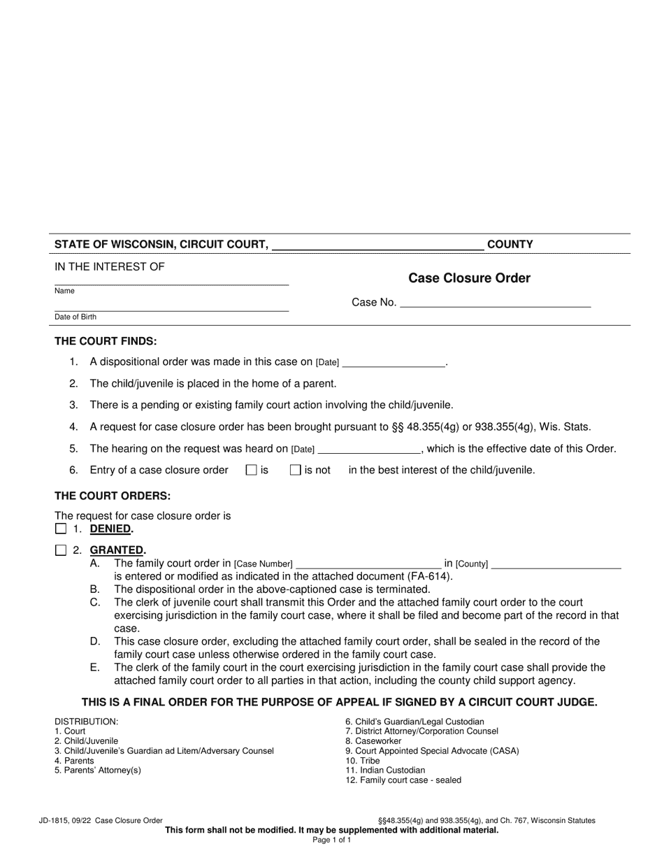 Form JD-1815 Case Closure Order - Wisconsin, Page 1