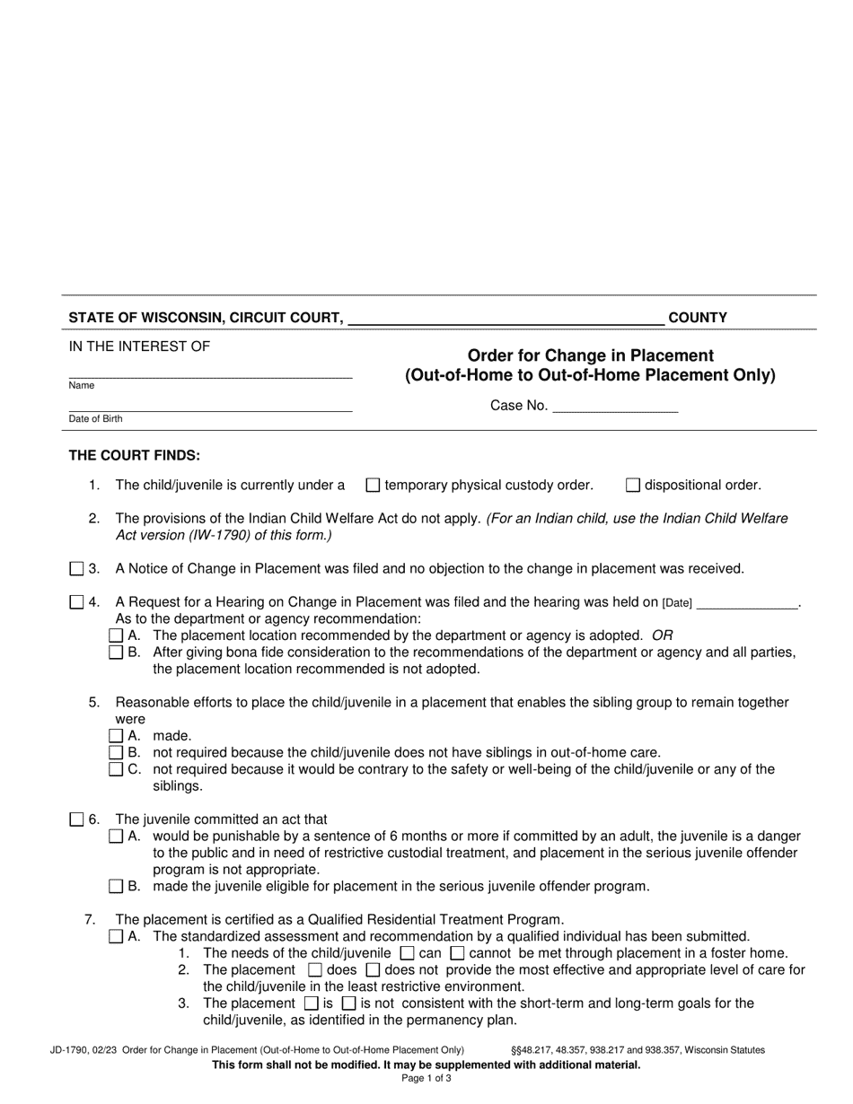 Form JD-1790 Order for Change in Placement (Out-Of-Home to out-Of-Home Placement Only) - Wisconsin, Page 1