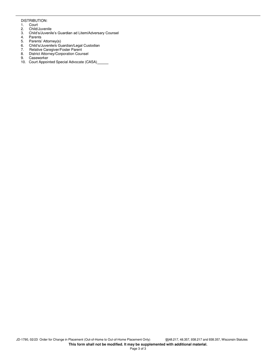 Form JD-1790 Order for Change in Placement (Out-Of-Home to out-Of-Home Placement Only) - Wisconsin, Page 3