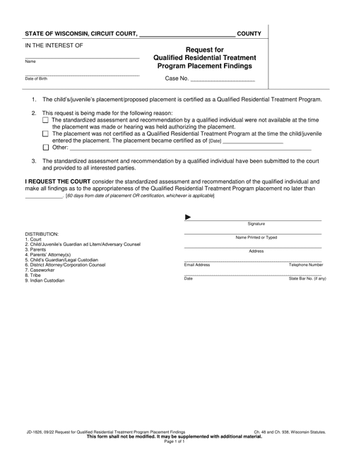 Form JD-1826 Request for Qualified Residential Treatment Program Placement Findings - Wisconsin