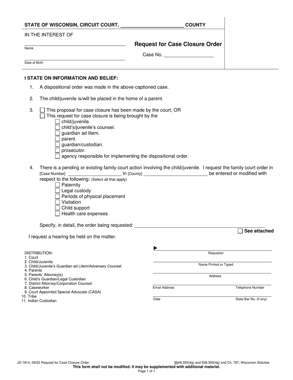 Form JD1814 Download Printable PDF or Fill Online Request for Case
