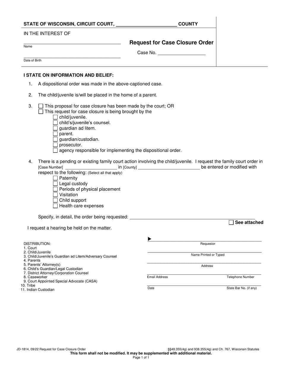 Form JD-1814 Request for Case Closure Order - Wisconsin, Page 1