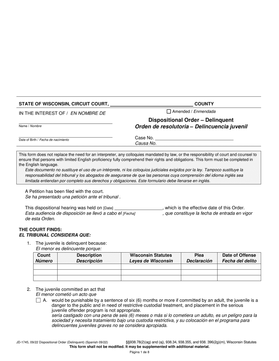 Form JD-1745 Dispositional Order (Delinquent) - Wisconsin (English / Spanish), Page 1