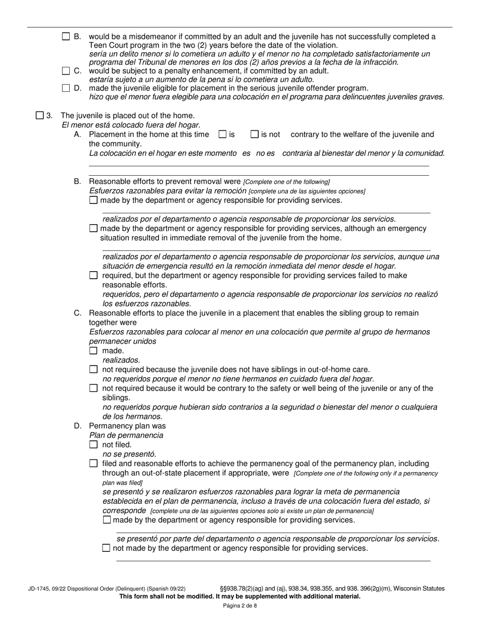 Form JD-1745 Dispositional Order (Delinquent) - Wisconsin (English / Spanish), Page 2