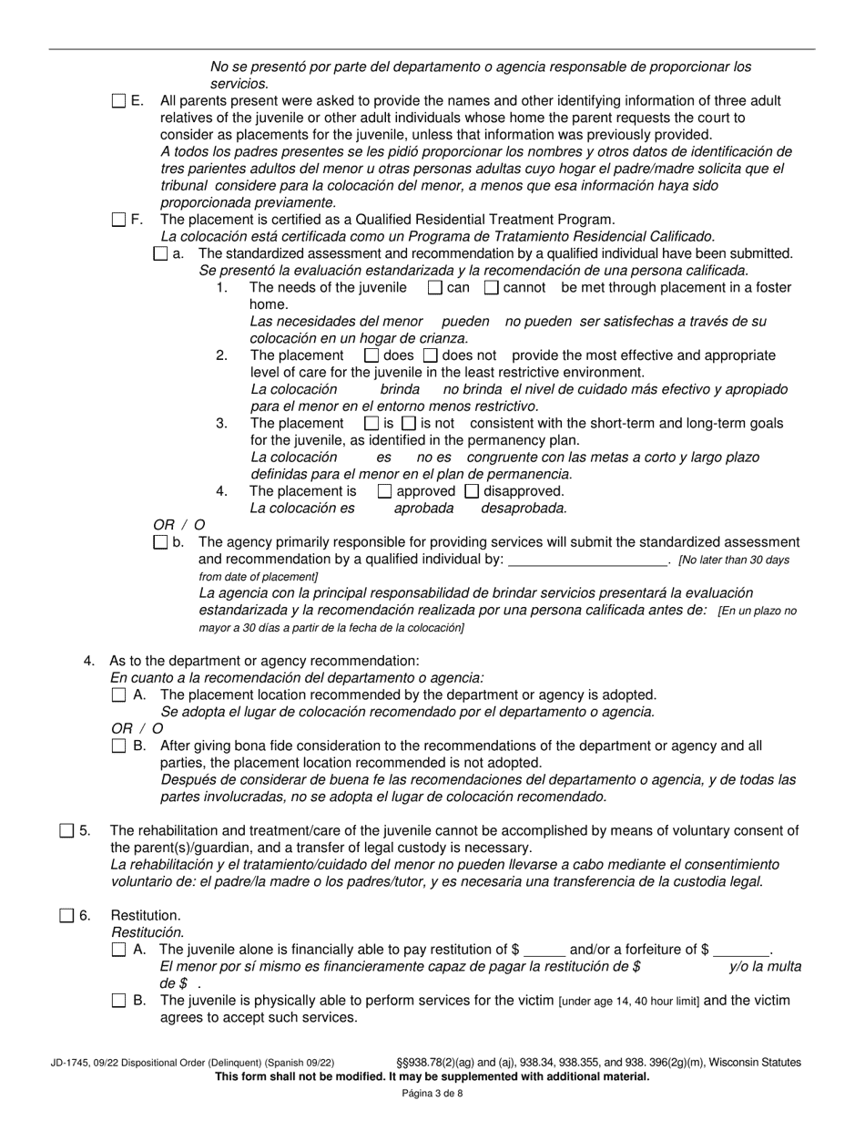 Form JD-1745 Dispositional Order (Delinquent) - Wisconsin (English / Spanish), Page 3
