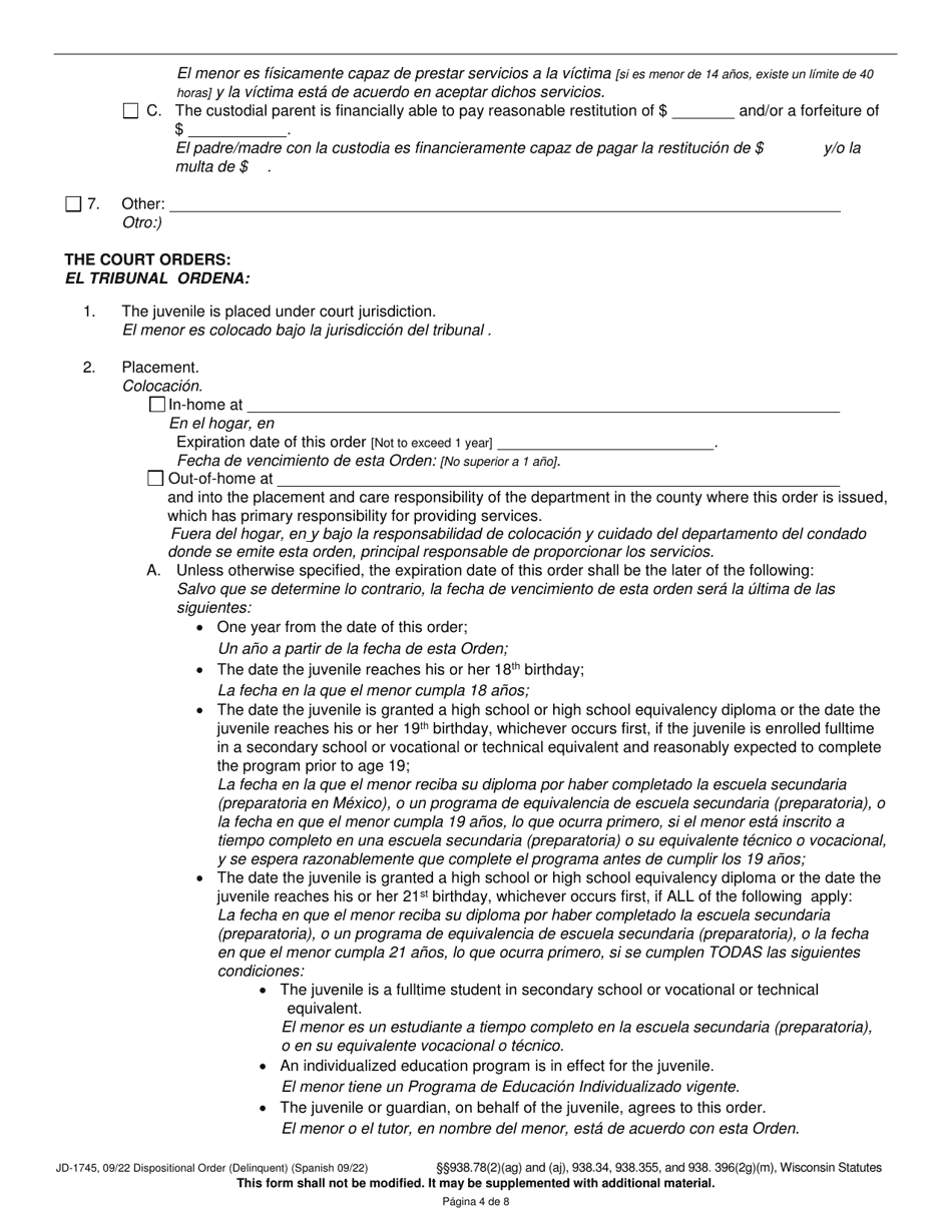 Form JD-1745 Dispositional Order (Delinquent) - Wisconsin (English / Spanish), Page 4