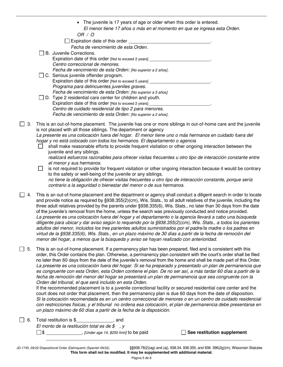 Form JD-1745 Dispositional Order (Delinquent) - Wisconsin (English / Spanish), Page 5