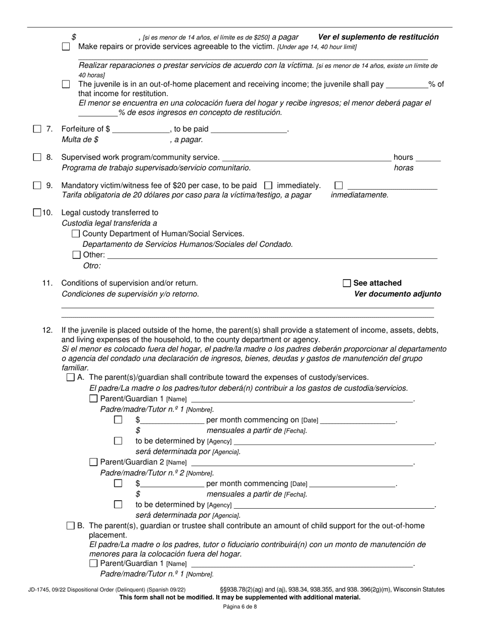 Form JD-1745 Dispositional Order (Delinquent) - Wisconsin (English / Spanish), Page 6