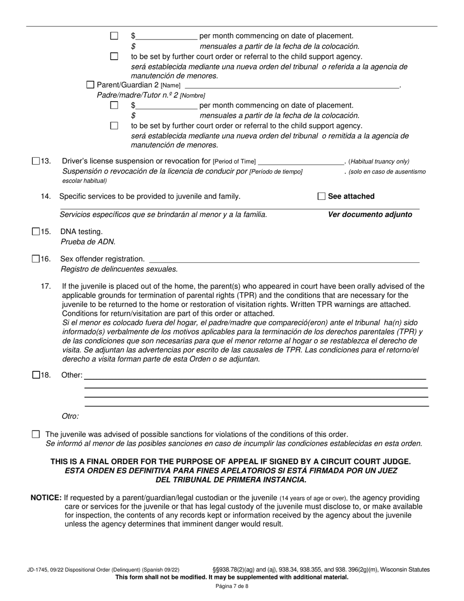 Form JD-1745 Dispositional Order (Delinquent) - Wisconsin (English / Spanish), Page 7