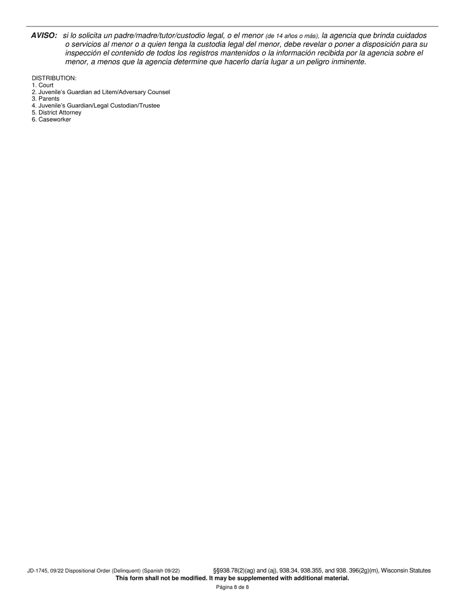 Form JD-1745 Dispositional Order (Delinquent) - Wisconsin (English / Spanish), Page 8