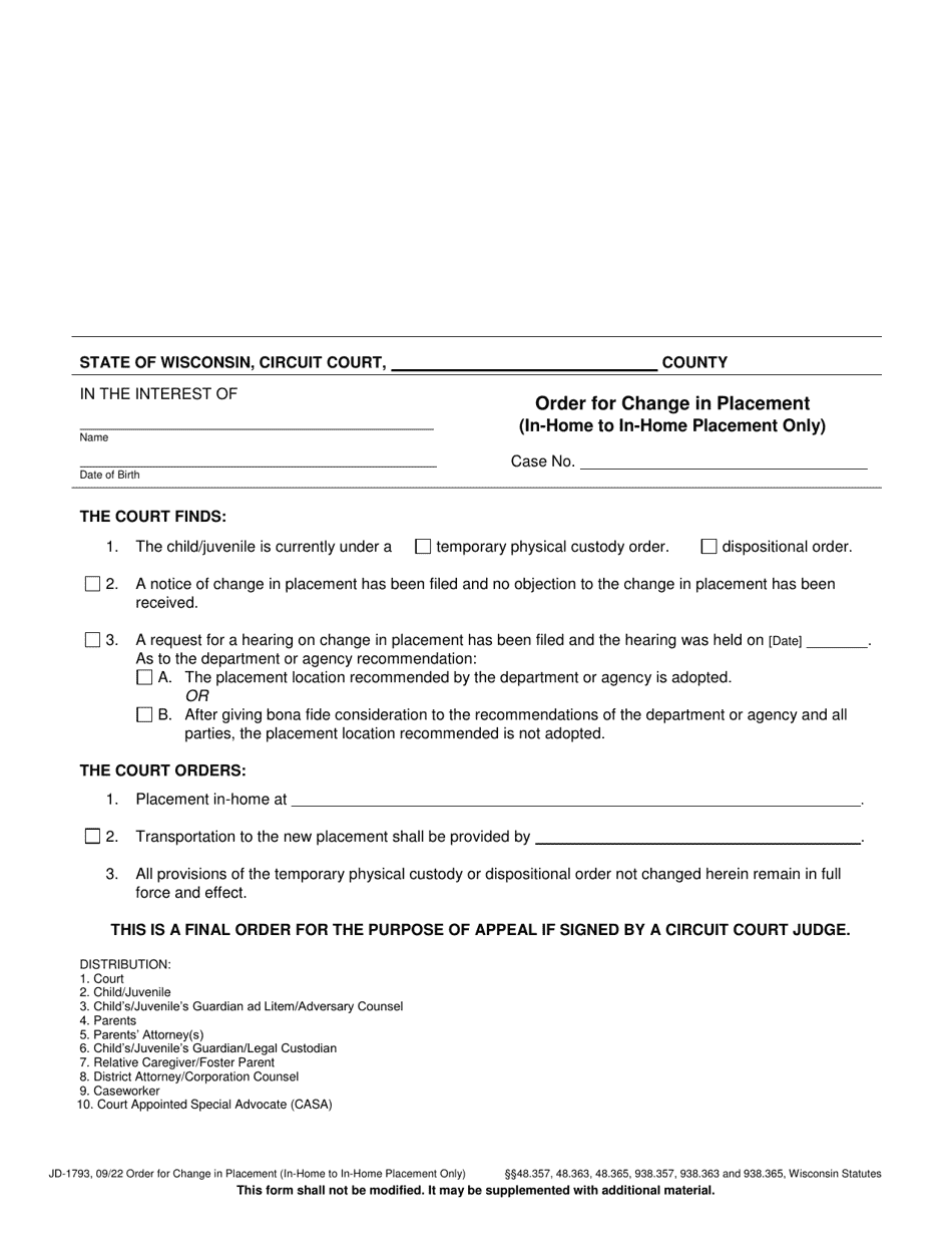 Form JD-1793 Order for Change in Placement (In-home to in-Home Placement Only) - Wisconsin, Page 1