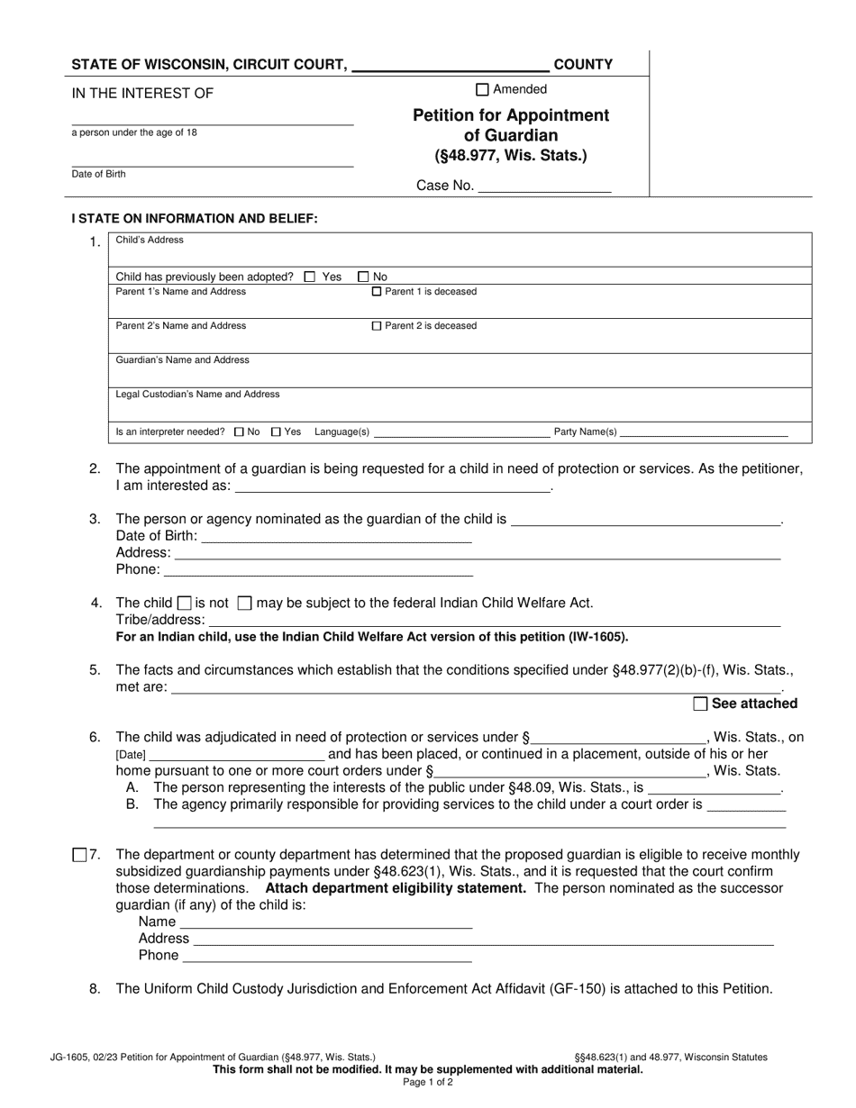Form JG-1605 Petition for Appointment of Guardian (48.977, Wis. Stats.) - Wisconsin, Page 1