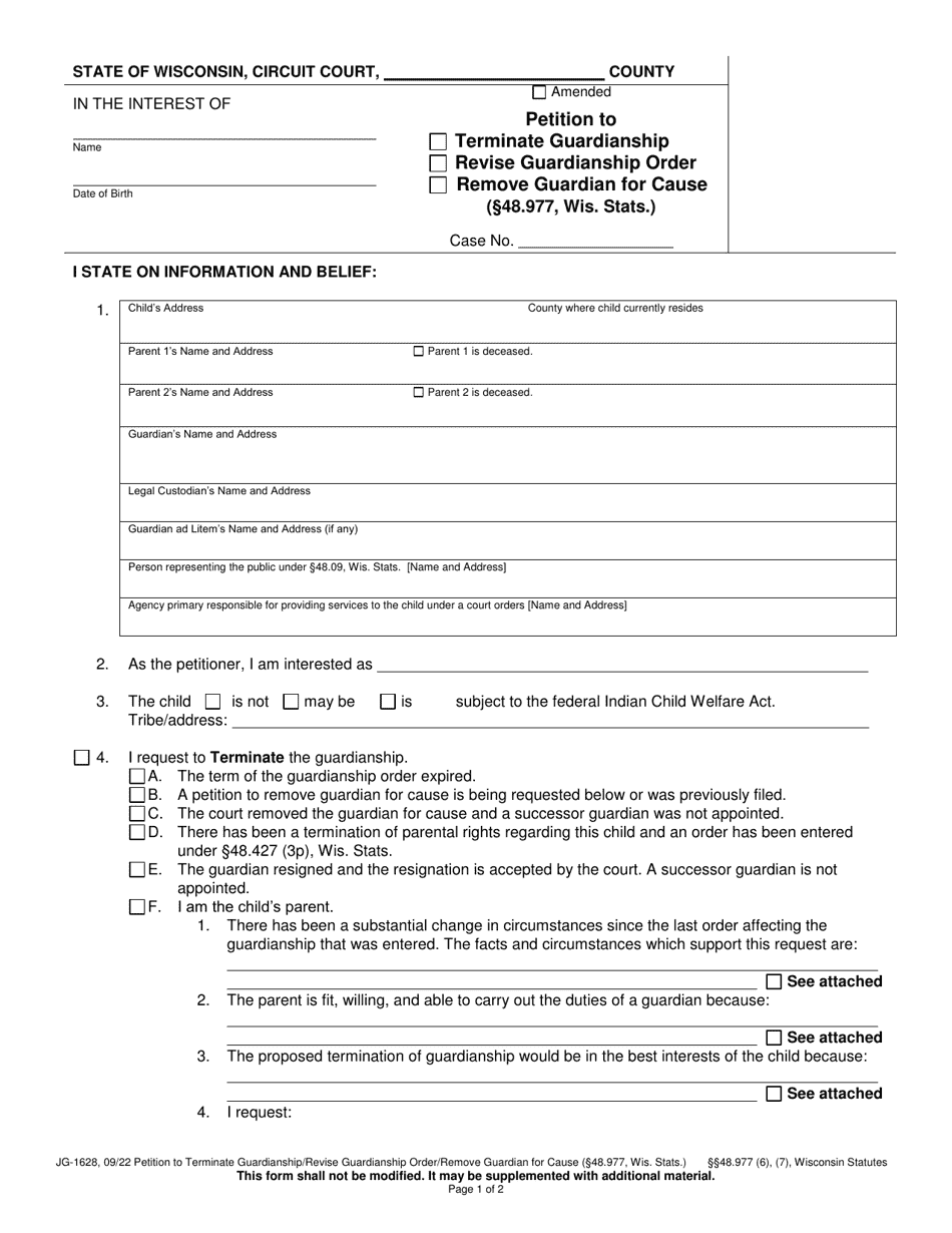 Form JG-1628 Petition to Terminate / Revise Guardianship Order or Remove Guardian for Cause (48.977, Wis. Stats.) - Wisconsin, Page 1