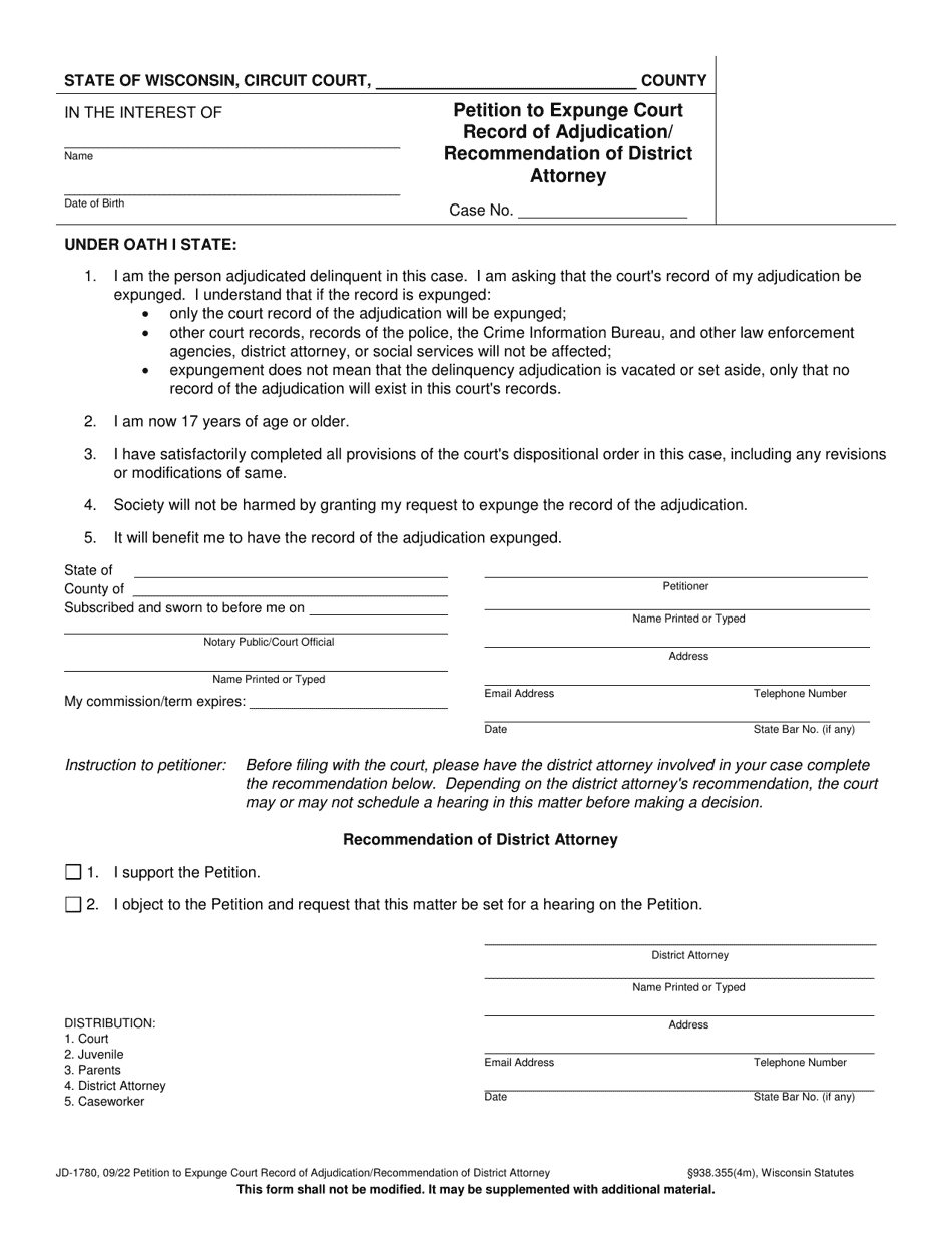 Form JD-1780 Petition to Expunge Court Record of Adjudication / Recommendation of District Attorney - Wisconsin, Page 1