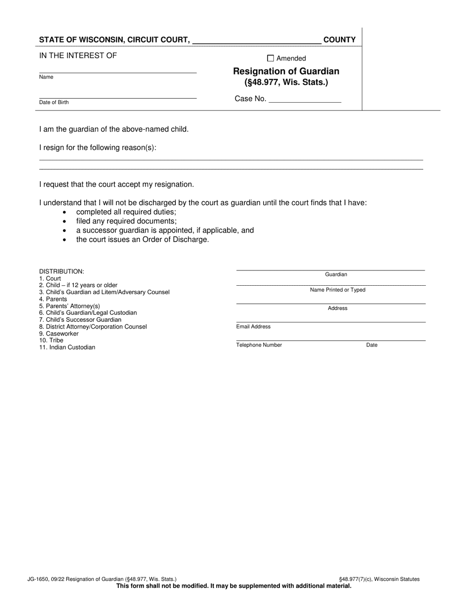 Form JG-1650 Resignation of Guardian (48.977, Wis. Stats.) - Wisconsin, Page 1